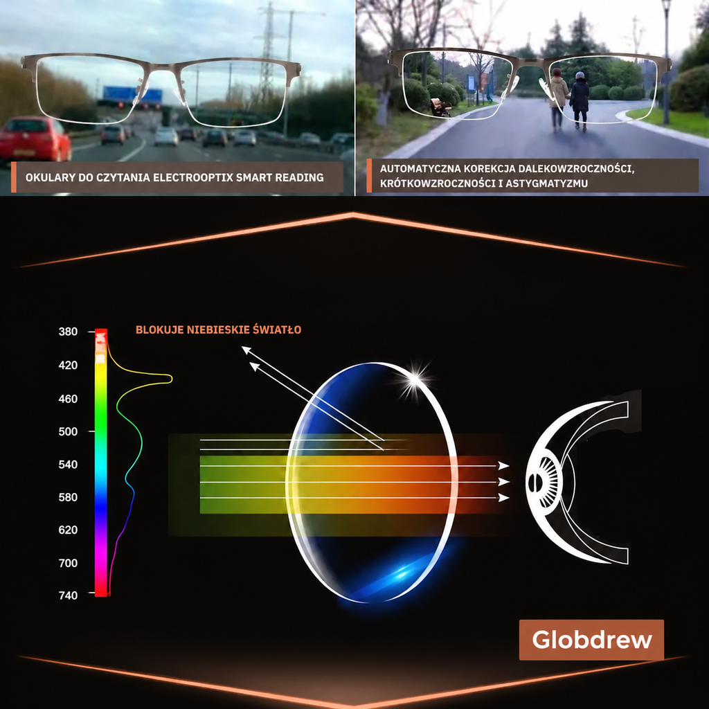 Inteligentne okulary progresywne z kompleksową ochroną oczu przed promieniowaniem UV