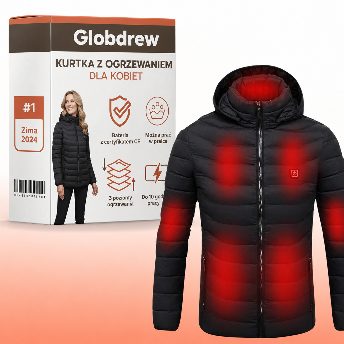 Kurtka termiczna z ogrzewaniem Globdrew X – widok z przodu na modelu