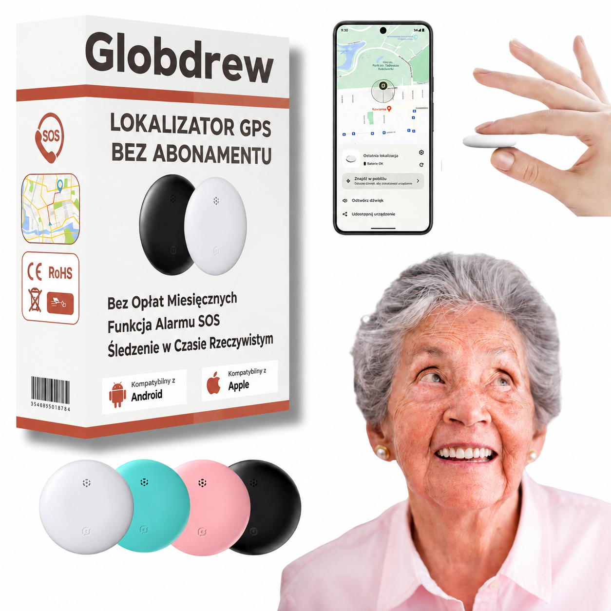 Tracker GPS dla seniorów trzymany w dłoni, prezentujący kompaktową i dyskretną konstrukcję urządzenia