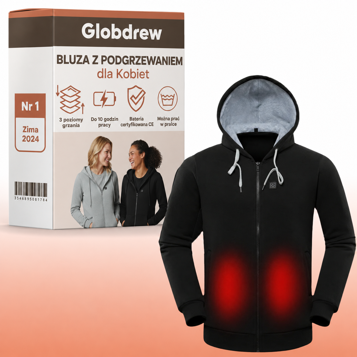 Bluza z podgrzewaniem Globdrew X w kolorze czarnym, widok z przodu