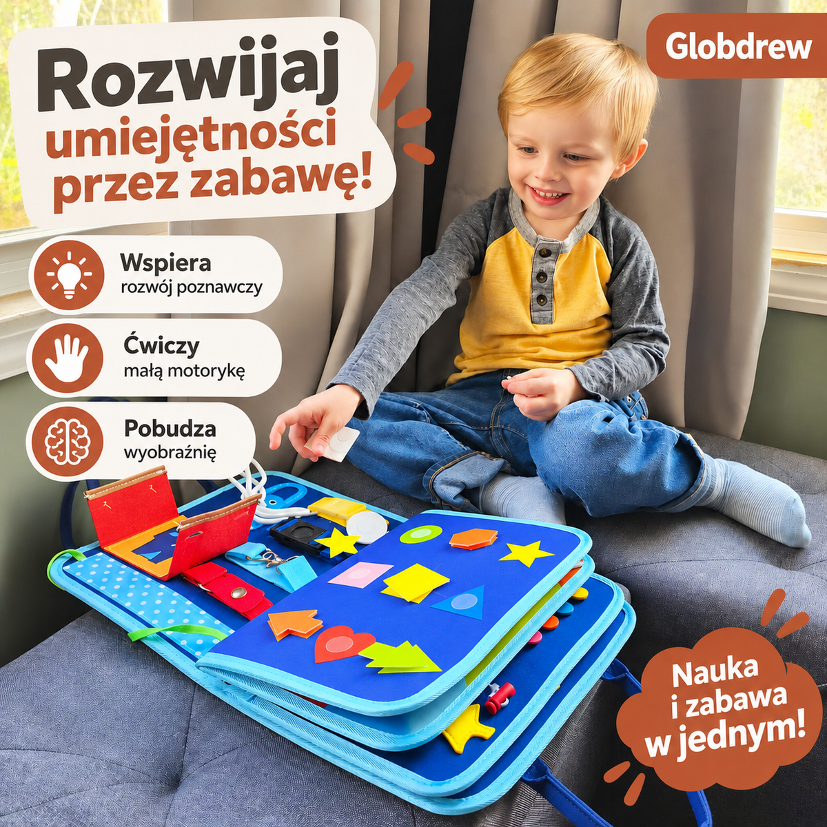 Maluch podczas zabawy tablicą sensoryczną Montessori z zapięciami i guzikami
