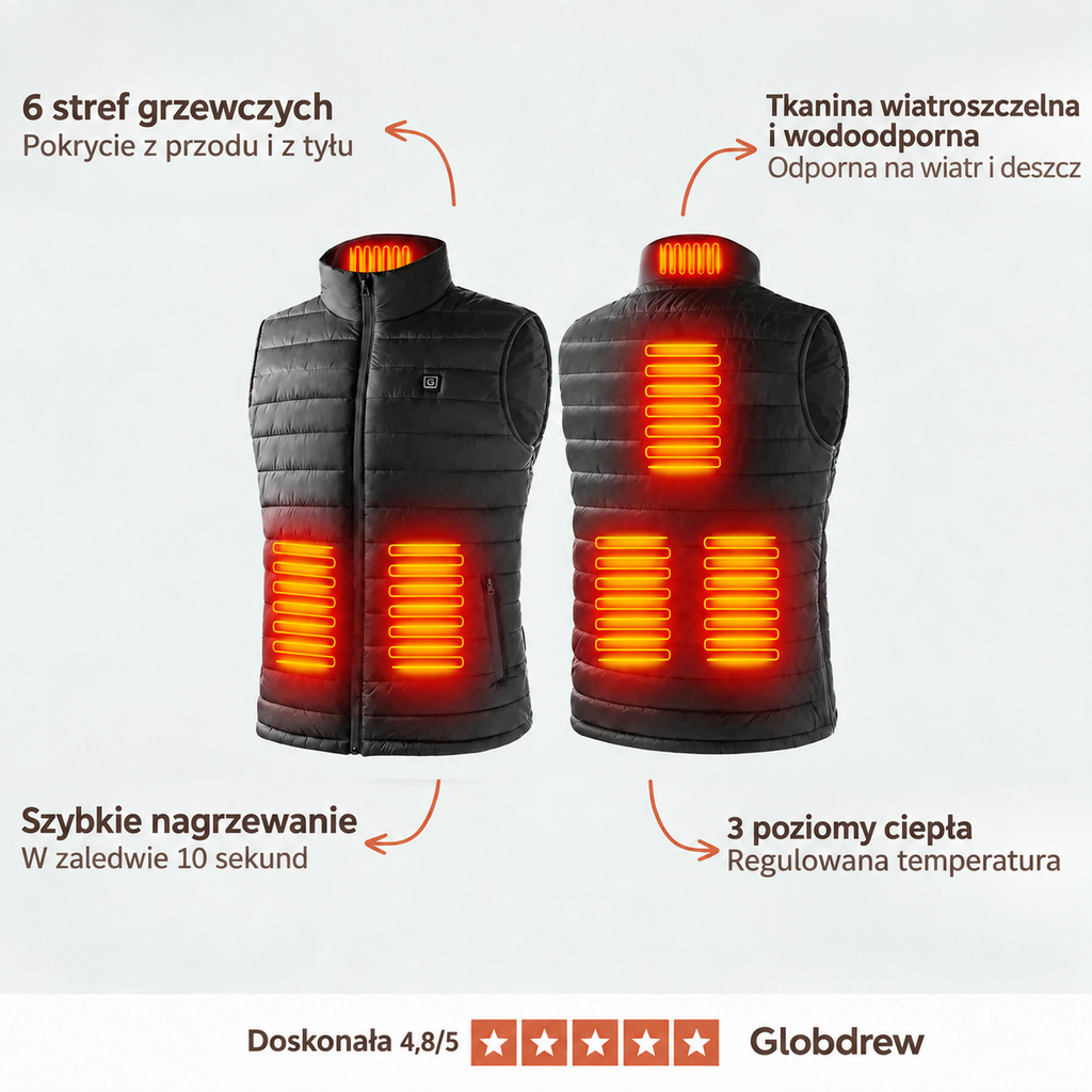 Kamizelka grzewcza męska Globdrew X – 3 strefy ciepła, zasilanie USB