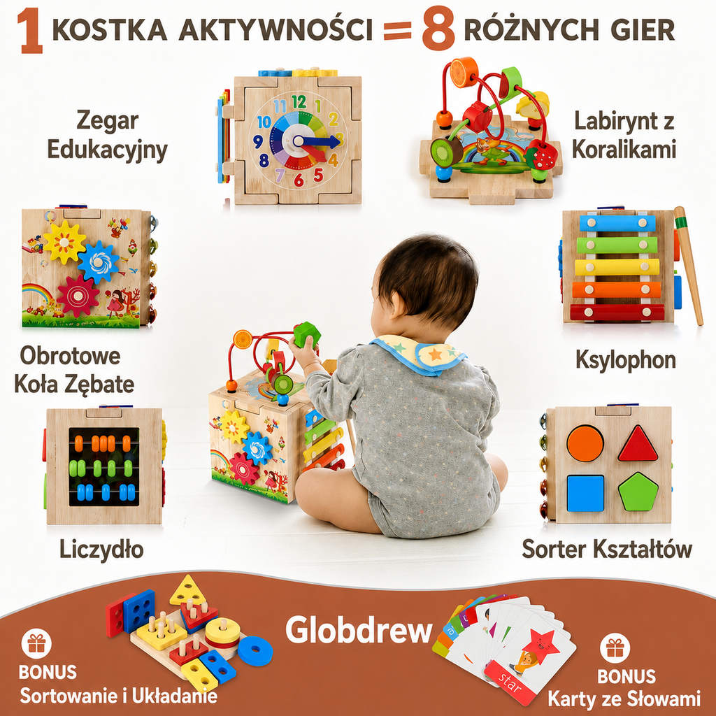 Wymiary i szczegółowe informacje o drewnianej kostce edukacyjnej MINDBLOX przeznaczonej dla dzieci od osiemnastego miesiąca życia