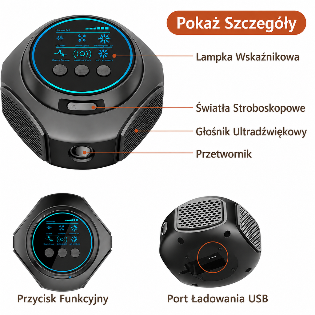 Biały elektroniczny repelentor pająków zamontowany w stylowym wnętrzu