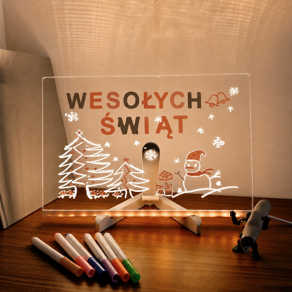 Tablica LED do rysowania z podstawką, zestawem zmywalnych markerów i kablem USB na jasnym tle