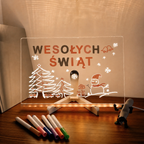 Tablica LED do rysowania z podstawką, zestawem zmywalnych markerów i kablem USB na jasnym tle