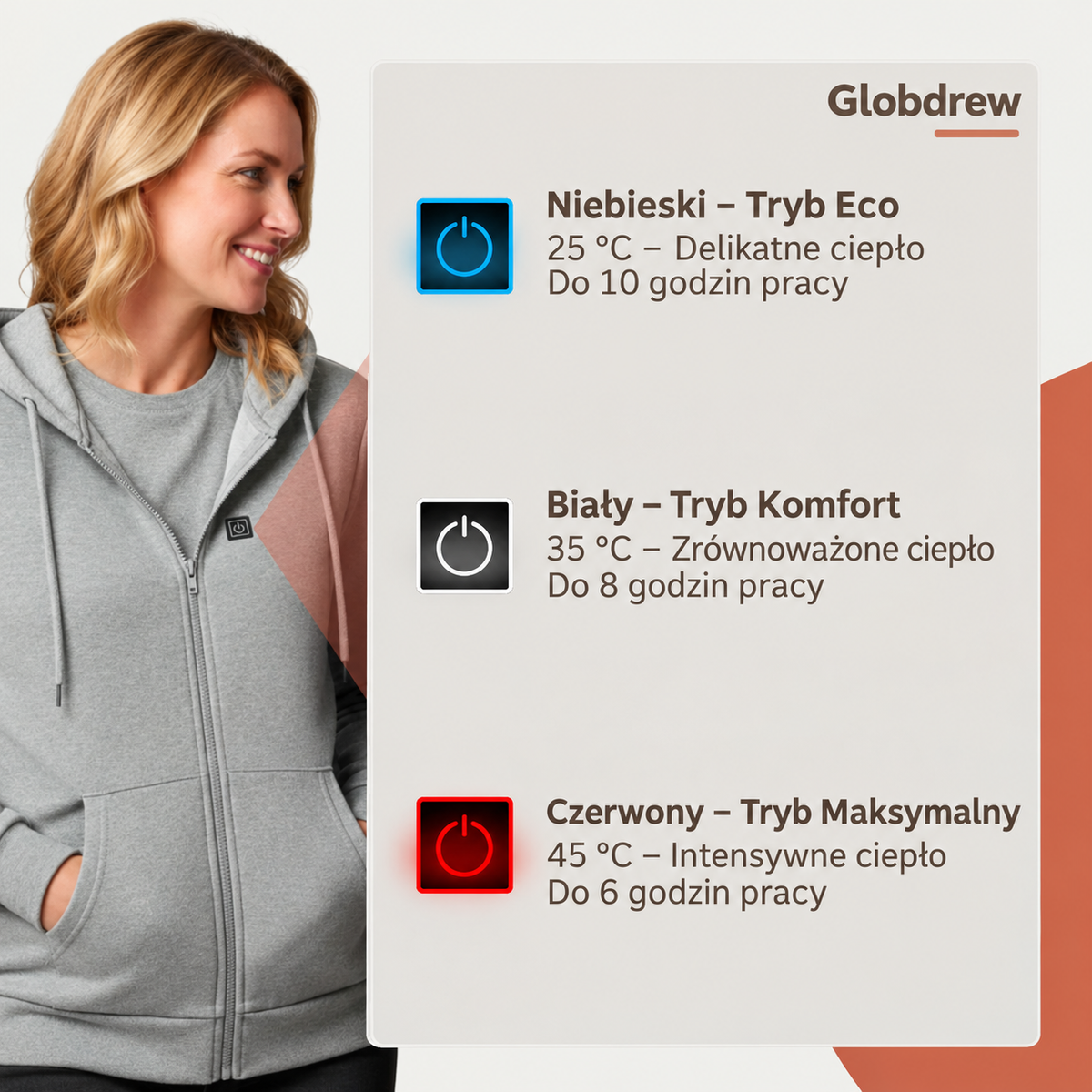 Bluza z podgrzewaniem Globdrew X noszona przez osobę w zimowym otoczeniu