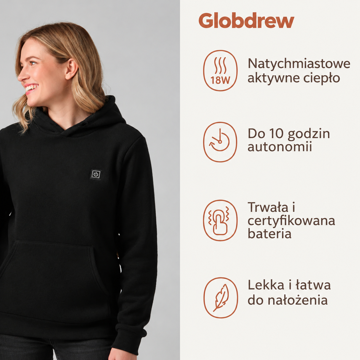 Bluza z podgrzewaniem Globdrew X z akumulatorem USB zapewniającym długi czas pracy