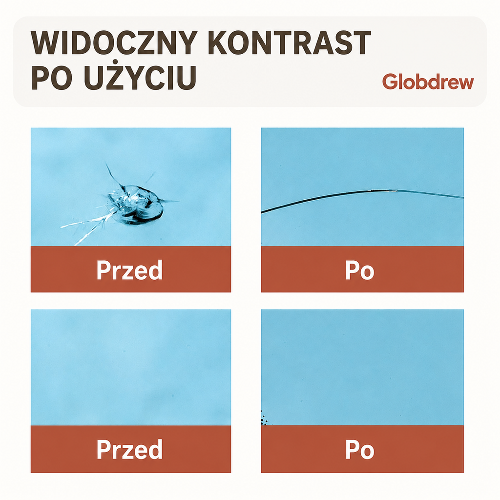 Porównanie stanu szyby przed naprawą i po zastosowaniu zestawu VerreFix – widoczna poprawa przejrzystości