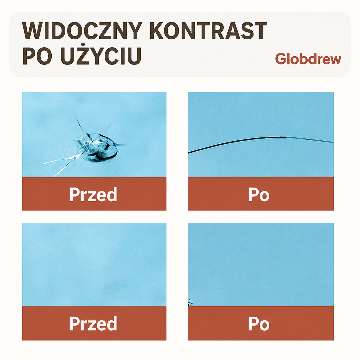 Porównanie stanu szyby przed naprawą i po zastosowaniu zestawu VerreFix – widoczna poprawa przejrzystości