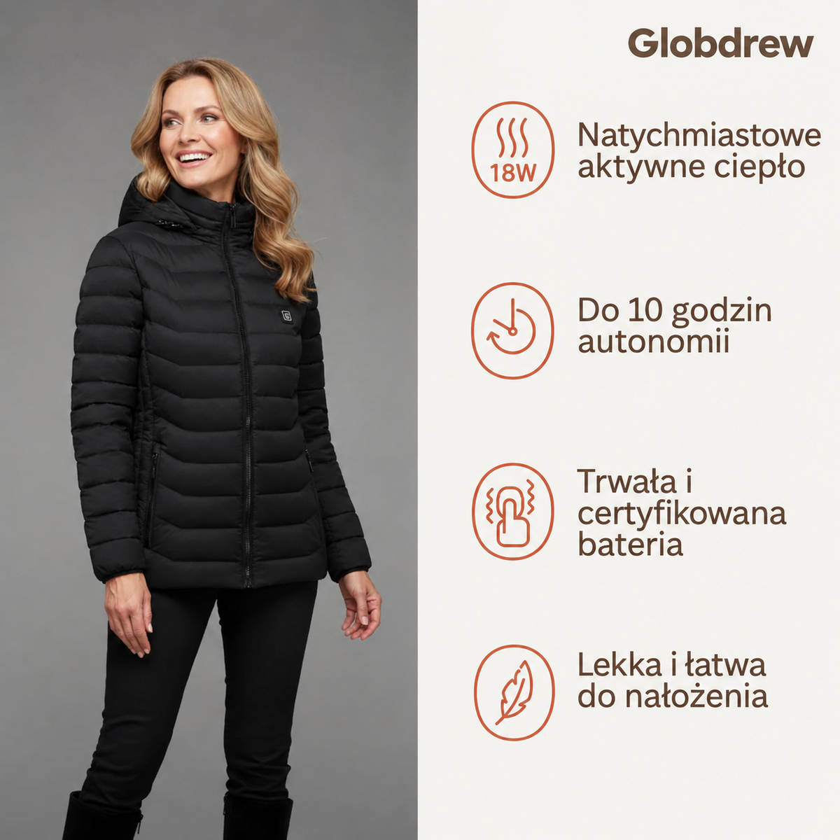 Kurtka termiczna Globdrew X – rozmieszczenie stref grzewczych na plecach i klatce piersiowej