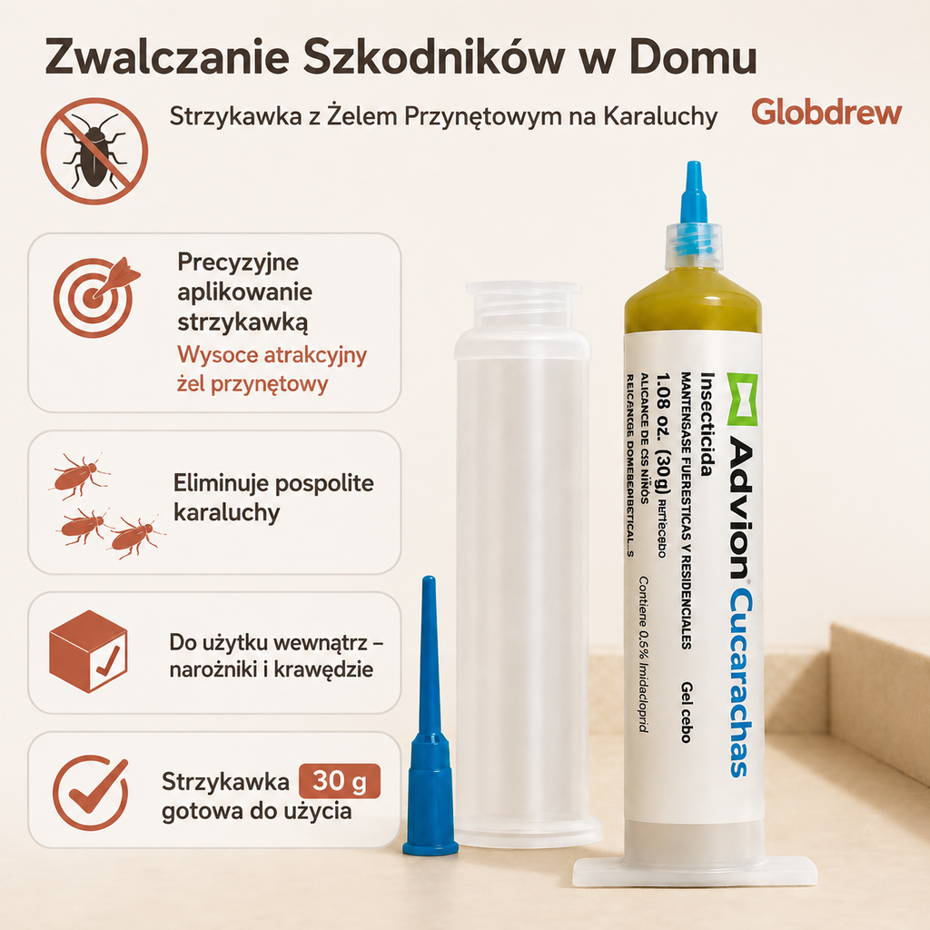 Strzykawka z żelem na karaluchy demonstrująca łatwą aplikację w narożnikach pomieszczeń