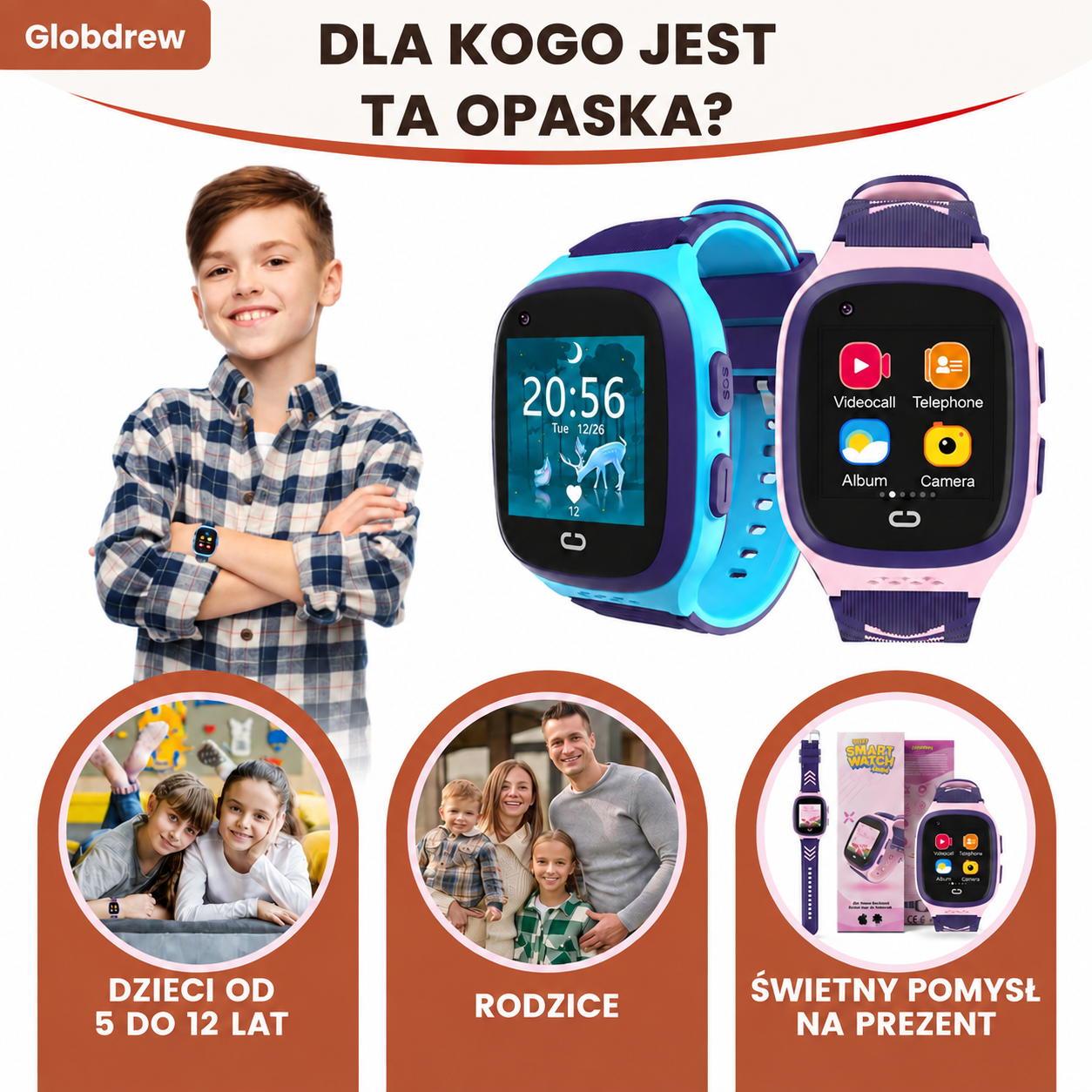 Zegarek GPS dla dzieci Globdrew dostępny w trzech kolorach: niebieskim, różowym i czarnym