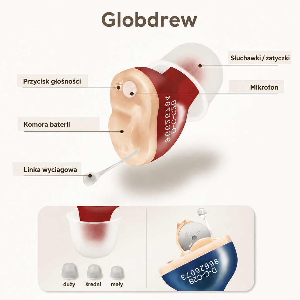 Panel kontrolny i przyciski regulacji głośności aparatu słuchowego ClearPro