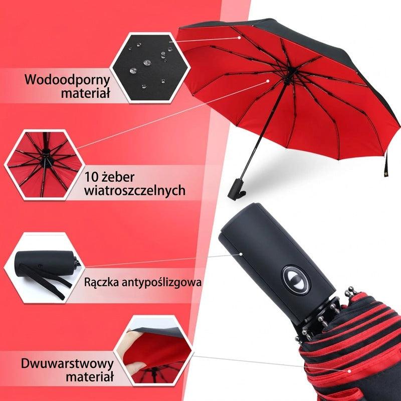 Automatyczna parasolka sztormowa z odwrotnym składaniem