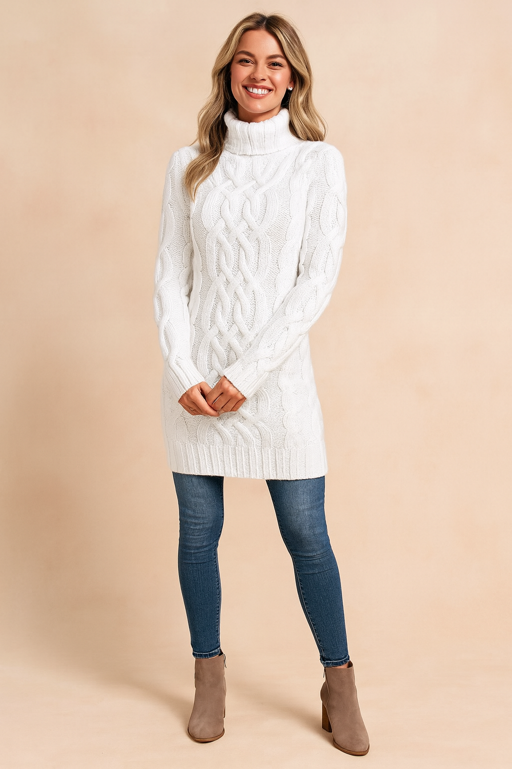 Damski Sweter z Golfem w Warkoczowy Splot – Elegancja na Zimę