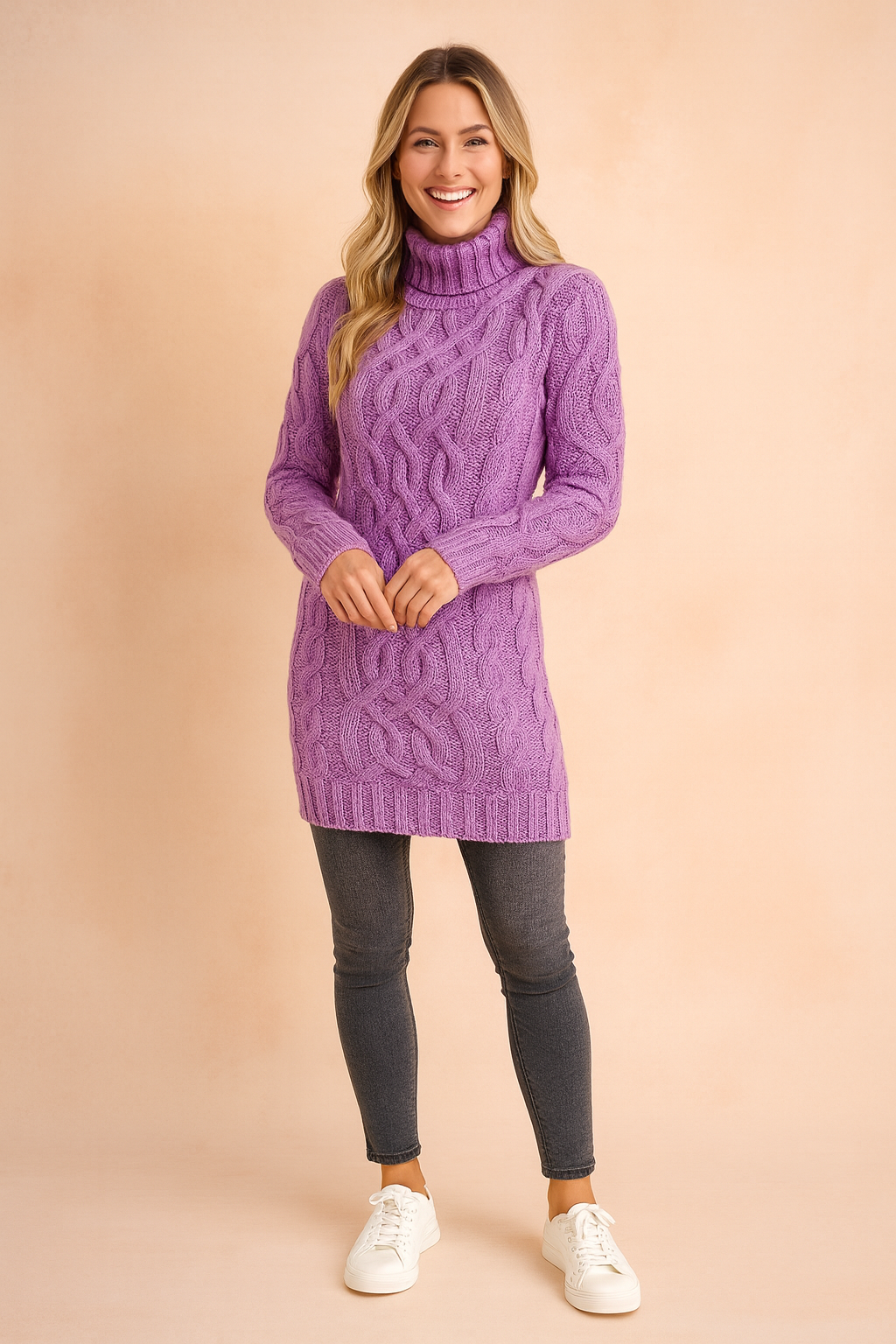 Damski Sweter z Golfem w Warkoczowy Splot – Elegancja na Zimę