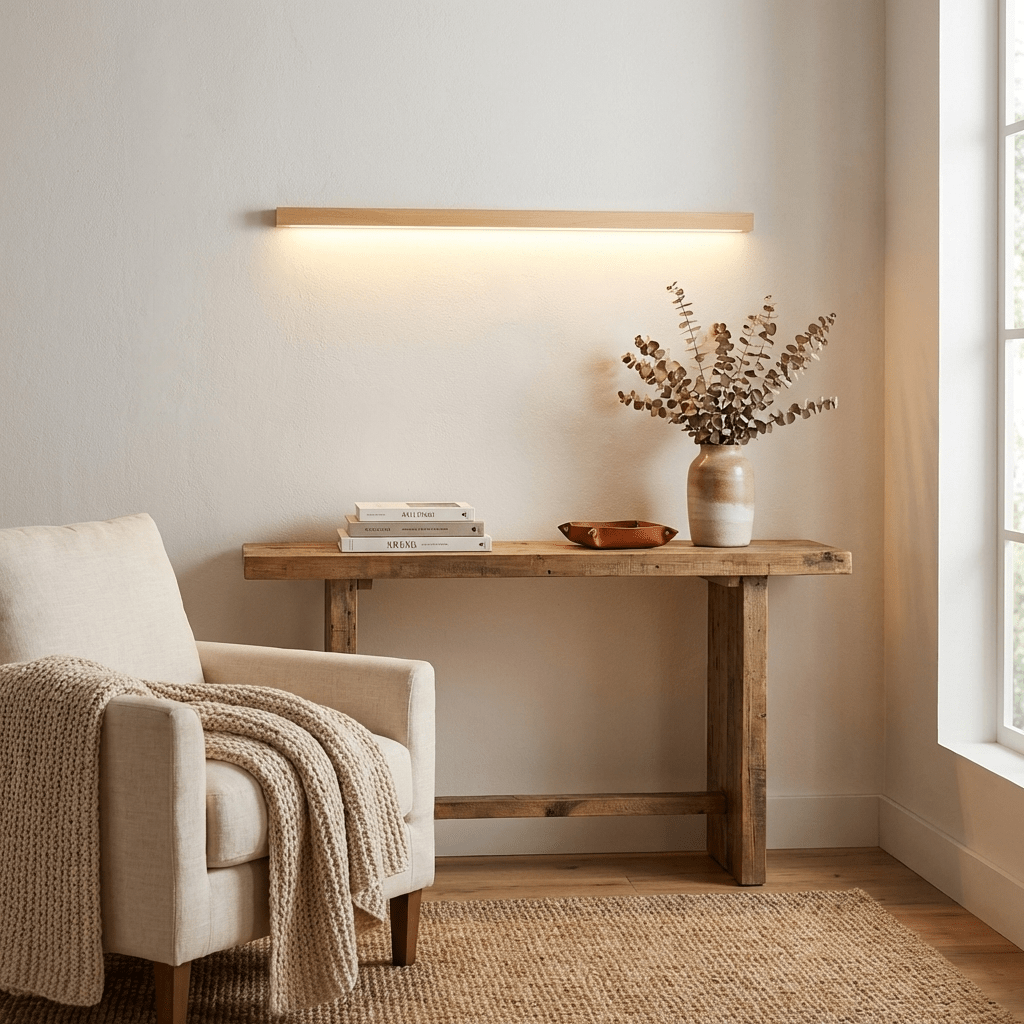 Drewniana lampa ścienna liniowa z wąskim światłem