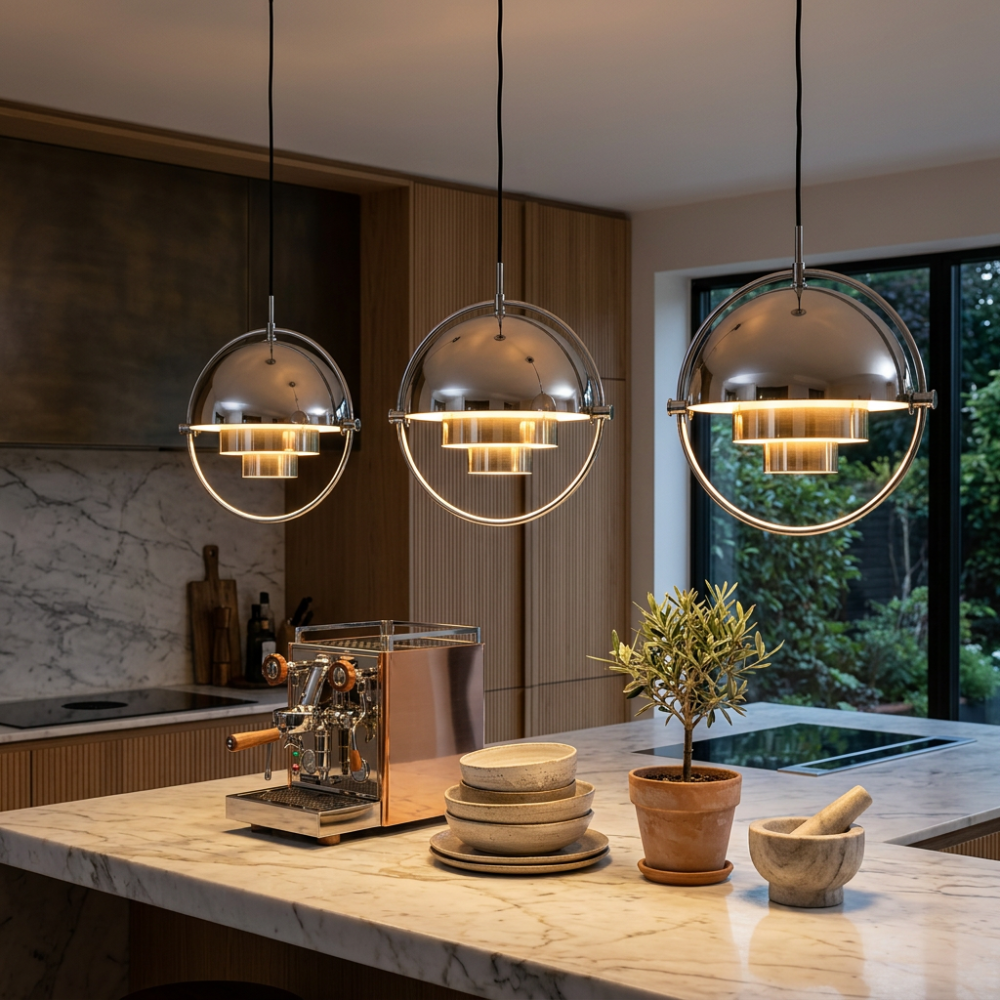 Geometryczna lampa wisząca z regulowaną kulą w stylu Bauhaus do nowoczesnej kuchni
