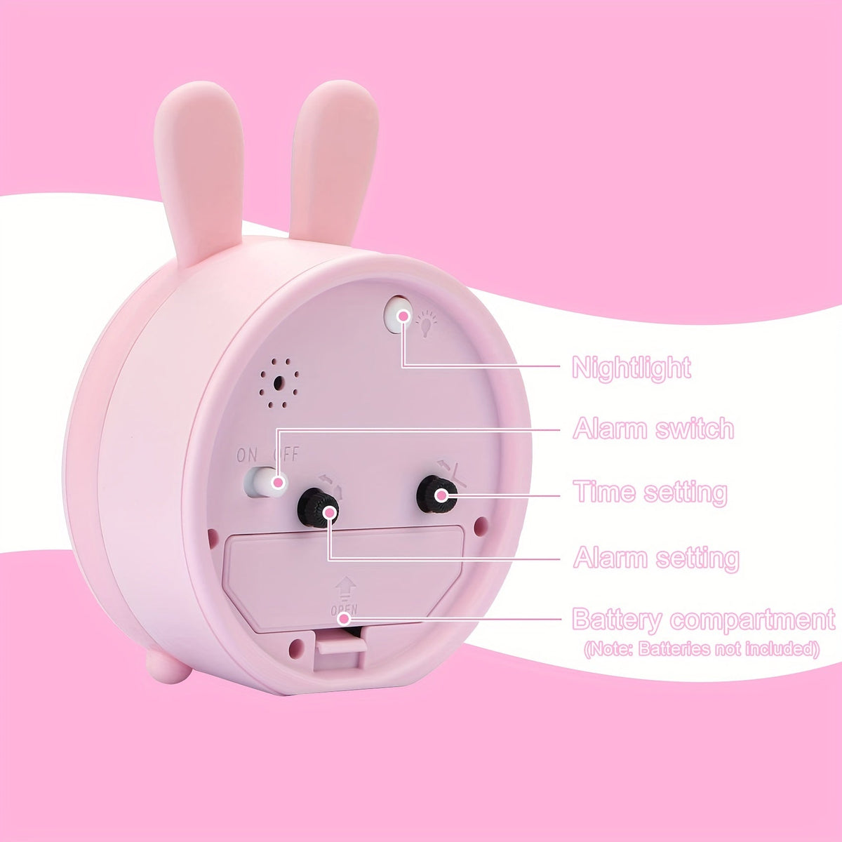 Budzik analogowy Króliczek BunnyTime z cichym mechanizmem i lampką nocną