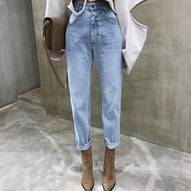 Jeansy Damskie Slouchy z Wysokim Stanem Niebieskie S-L