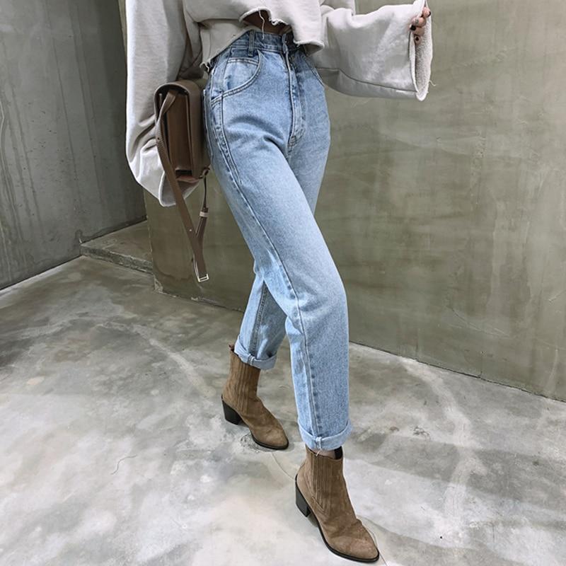 Jeansy Damskie Slouchy z Wysokim Stanem Niebieskie S-L