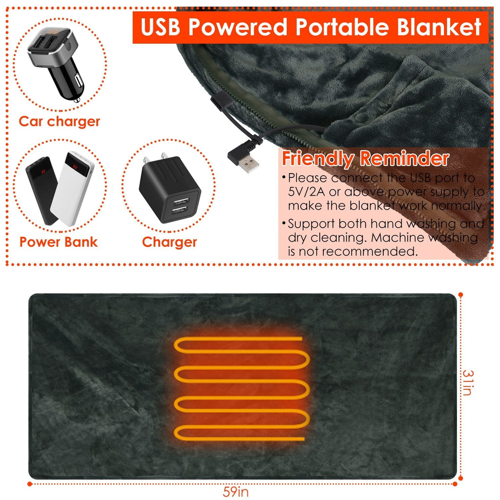 Koc Elektryczny USB Grzewczy Podgrzewany z Zamkiem na Ramiona 150x80cm 12v