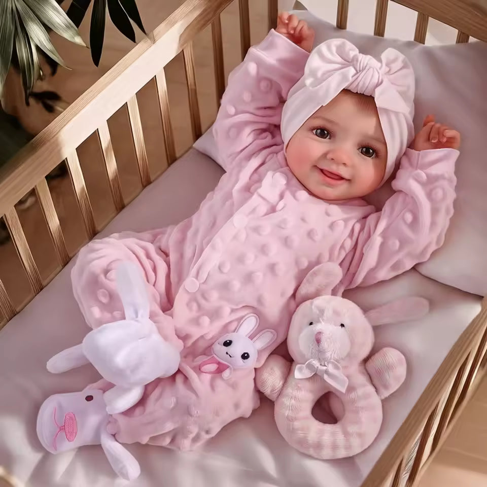 Lalka reborn 43 cm – realistyczna, miękki winyl, ruchome kończyny, uśmiechnięty noworodek z akcesoriami