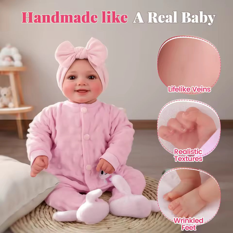 Lalka reborn 43 cm – realistyczna, miękki winyl, ruchome kończyny, uśmiechnięty noworodek z akcesoriami