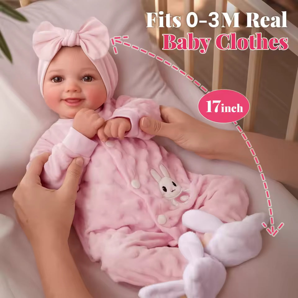 Lalka reborn 43 cm – realistyczna, miękki winyl, ruchome kończyny, uśmiechnięty noworodek z akcesoriami