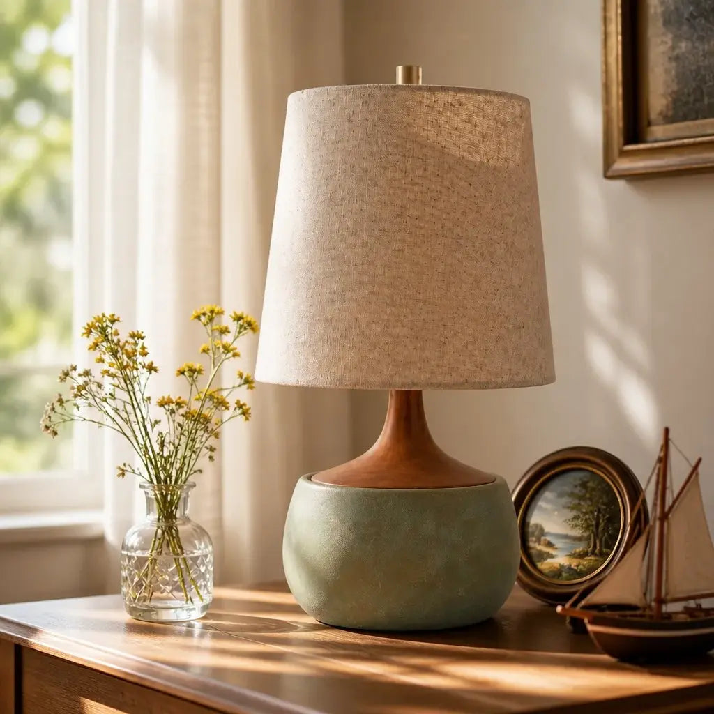 Lampa stołowa z drewnianą podstawą, lnianym kloszem i cylindrem imitującym beton