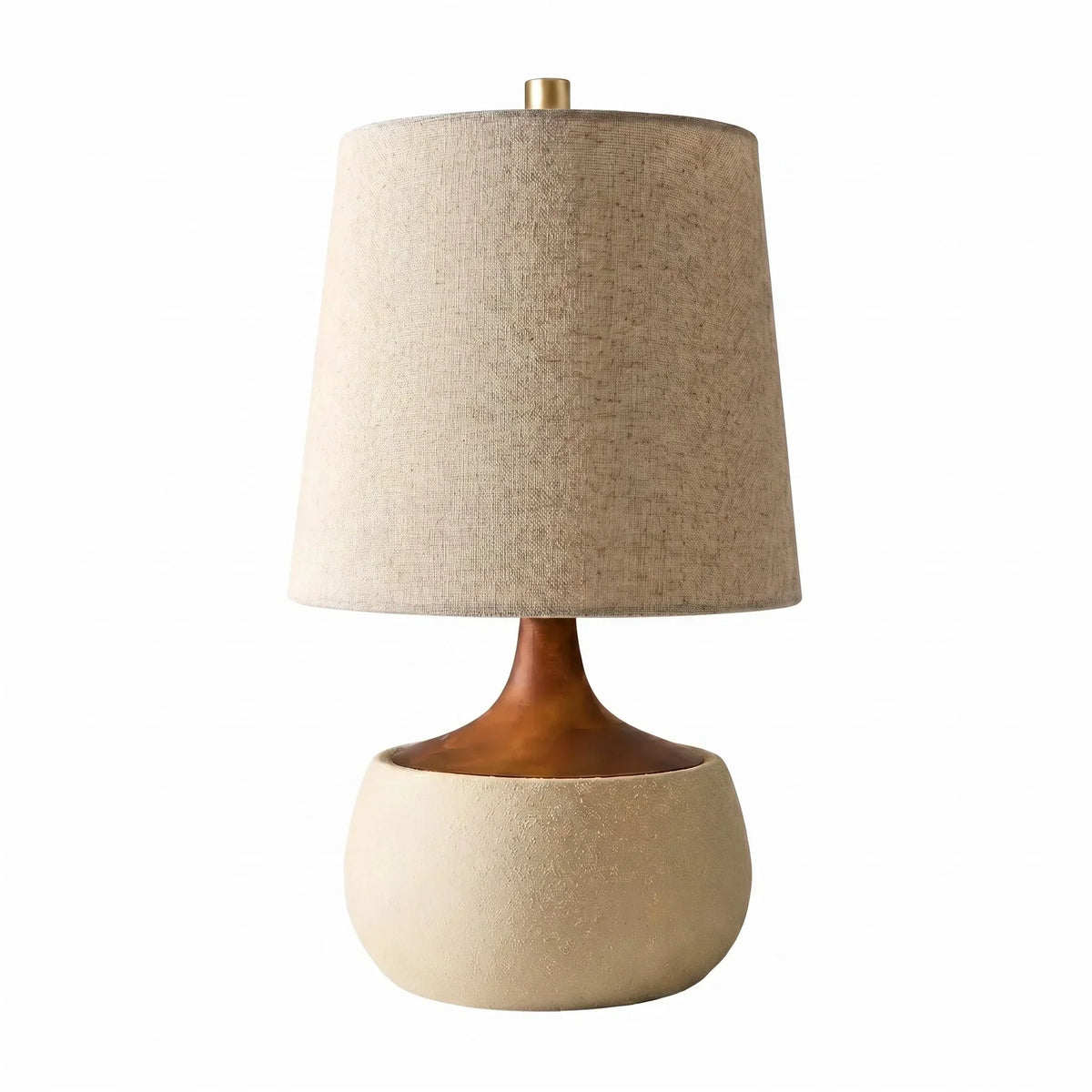 Lampa stołowa z drewnianą podstawą, lnianym kloszem i cylindrem imitującym beton