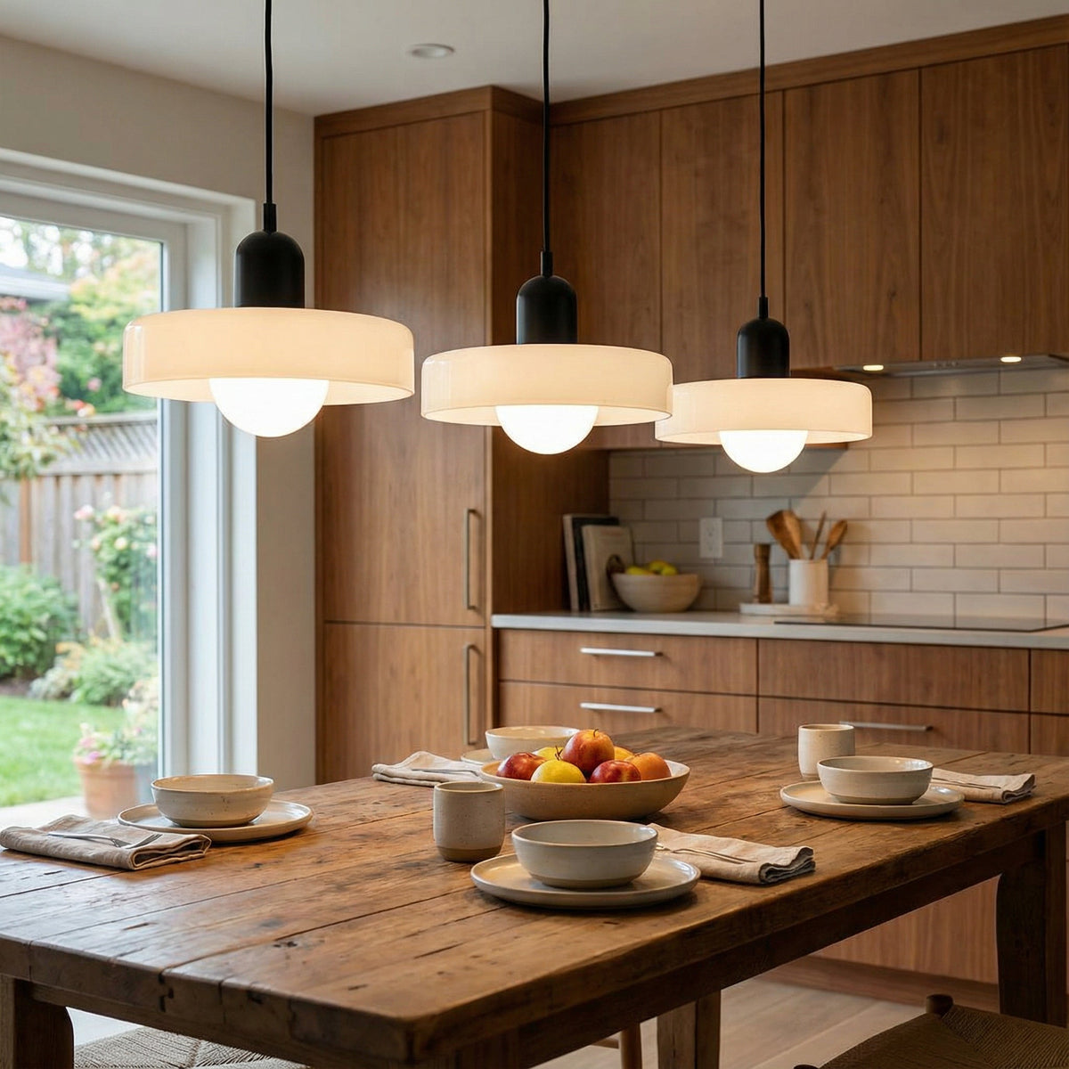 Lampa wisząca Bauhaus z 3 kloszami — kolorowe szkło, żarówki G9, ciepła biel