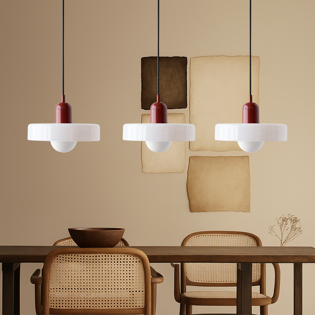 Lampa wisząca Bauhaus z 3 kloszami — kolorowe szkło, żarówki G9, ciepła biel