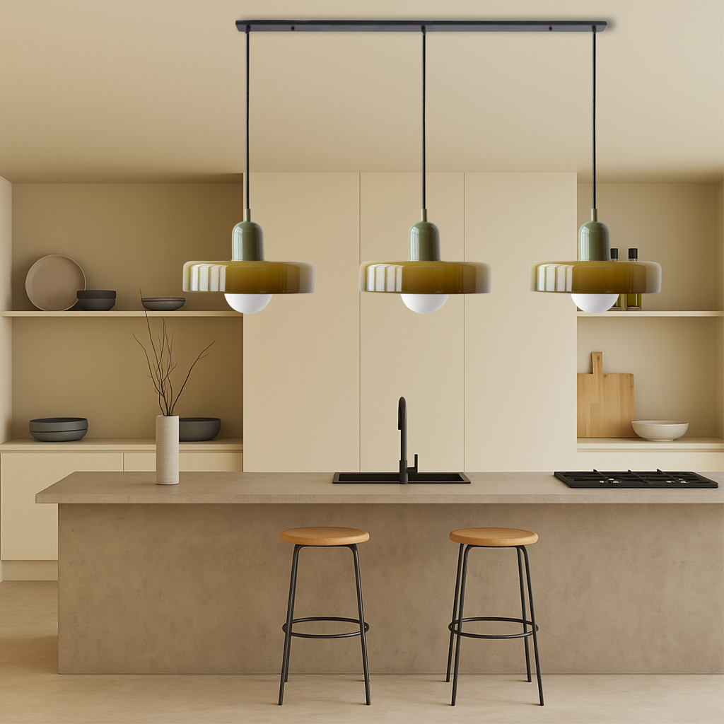 Lampa wisząca Bauhaus z 3 kloszami — kolorowe szkło, żarówki G9, ciepła biel