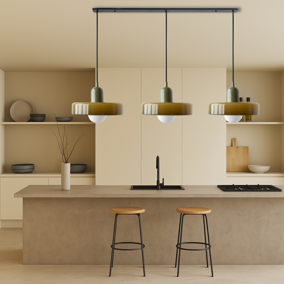 Lampa wisząca Bauhaus z 3 kloszami — kolorowe szkło, żarówki G9, ciepła biel