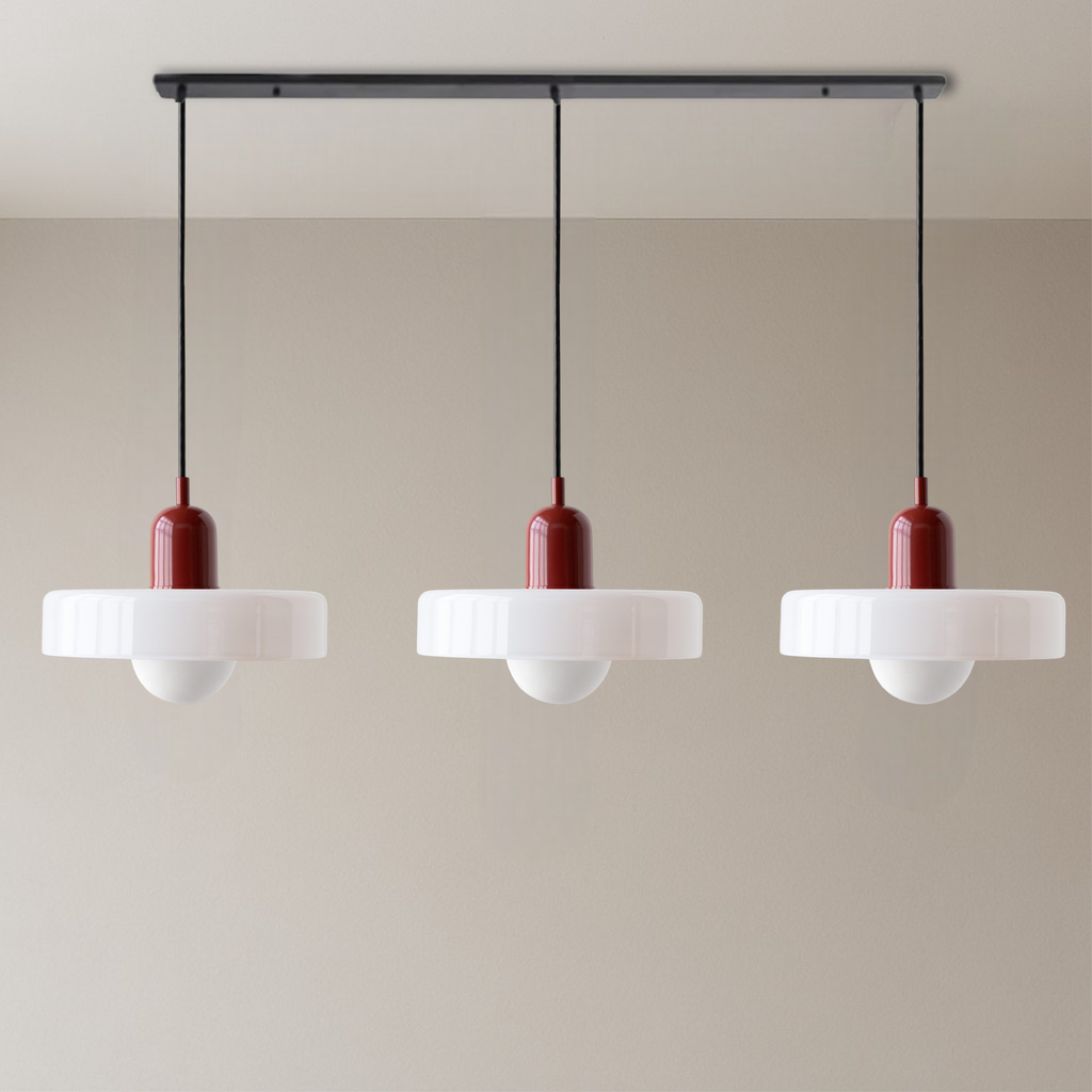 Lampa wisząca Bauhaus z 3 kloszami — kolorowe szkło, żarówki G9, ciepła biel