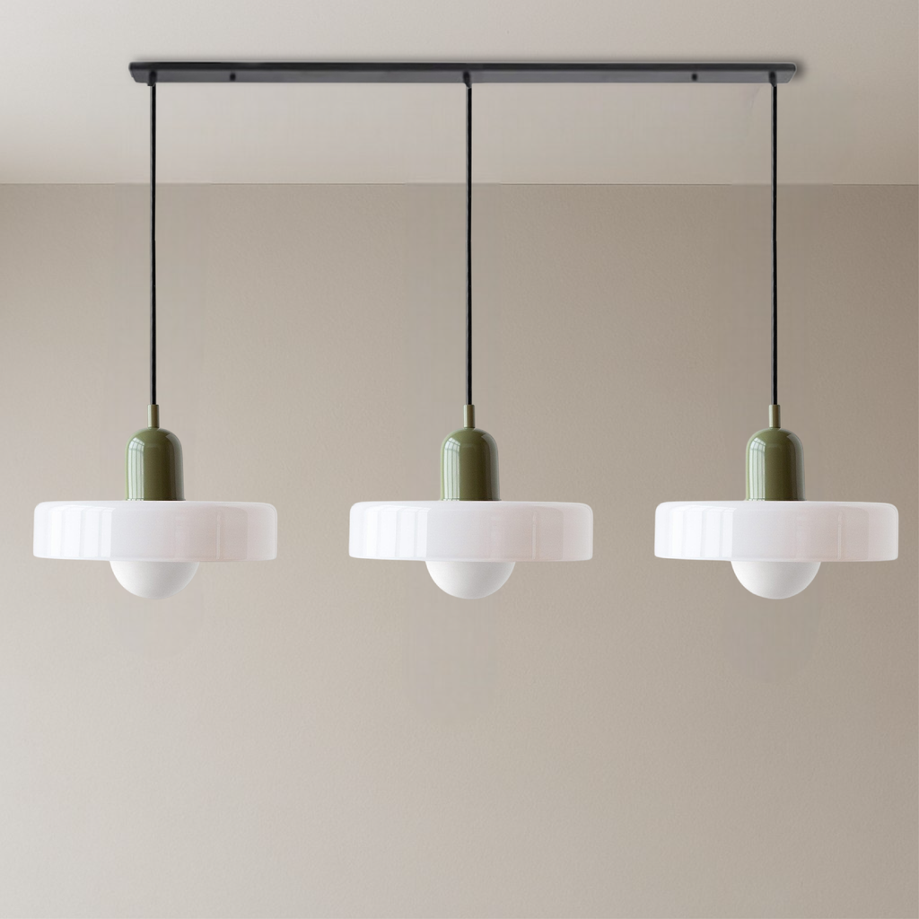 Lampa wisząca Bauhaus z 3 kloszami — kolorowe szkło, żarówki G9, ciepła biel