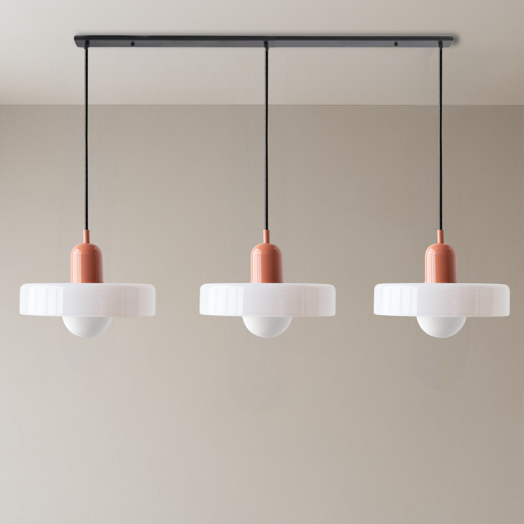 Lampa wisząca Bauhaus z 3 kloszami — kolorowe szkło, żarówki G9, ciepła biel