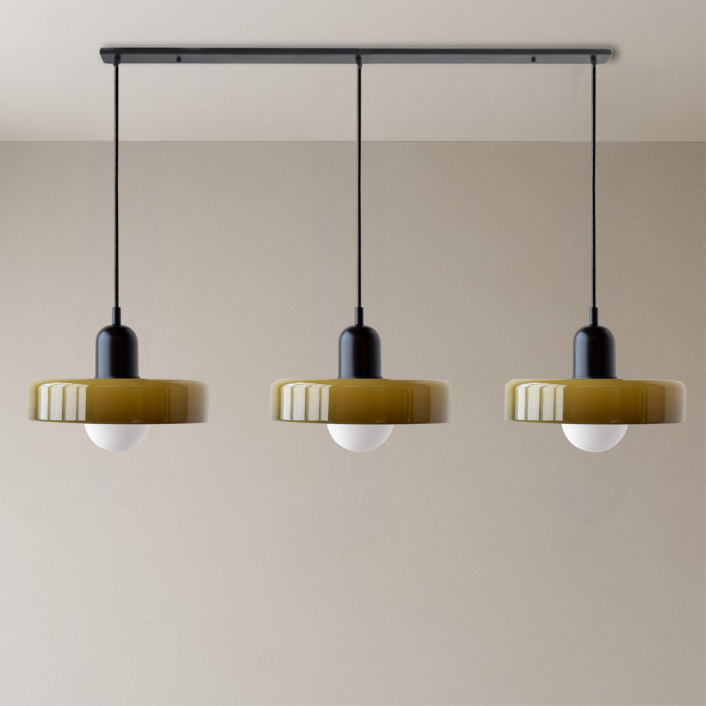 Lampa wisząca Bauhaus z 3 kloszami — kolorowe szkło, żarówki G9, ciepła biel