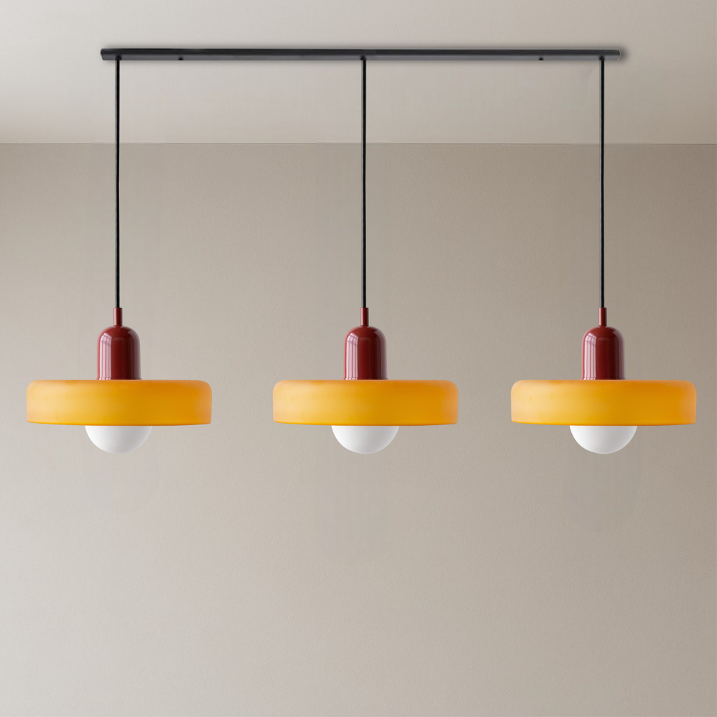 Lampa wisząca Bauhaus z 3 kloszami — kolorowe szkło, żarówki G9, ciepła biel