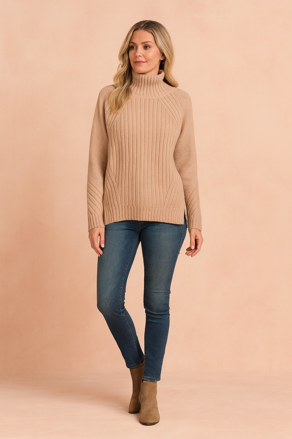 Lynette | Przytulny Sweter z Prążkowanej Dzianiny z Wysokim Kołnierzem