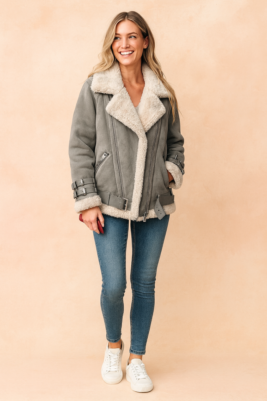 Magdalena | Aviator kurtka z kożuchem i paskami