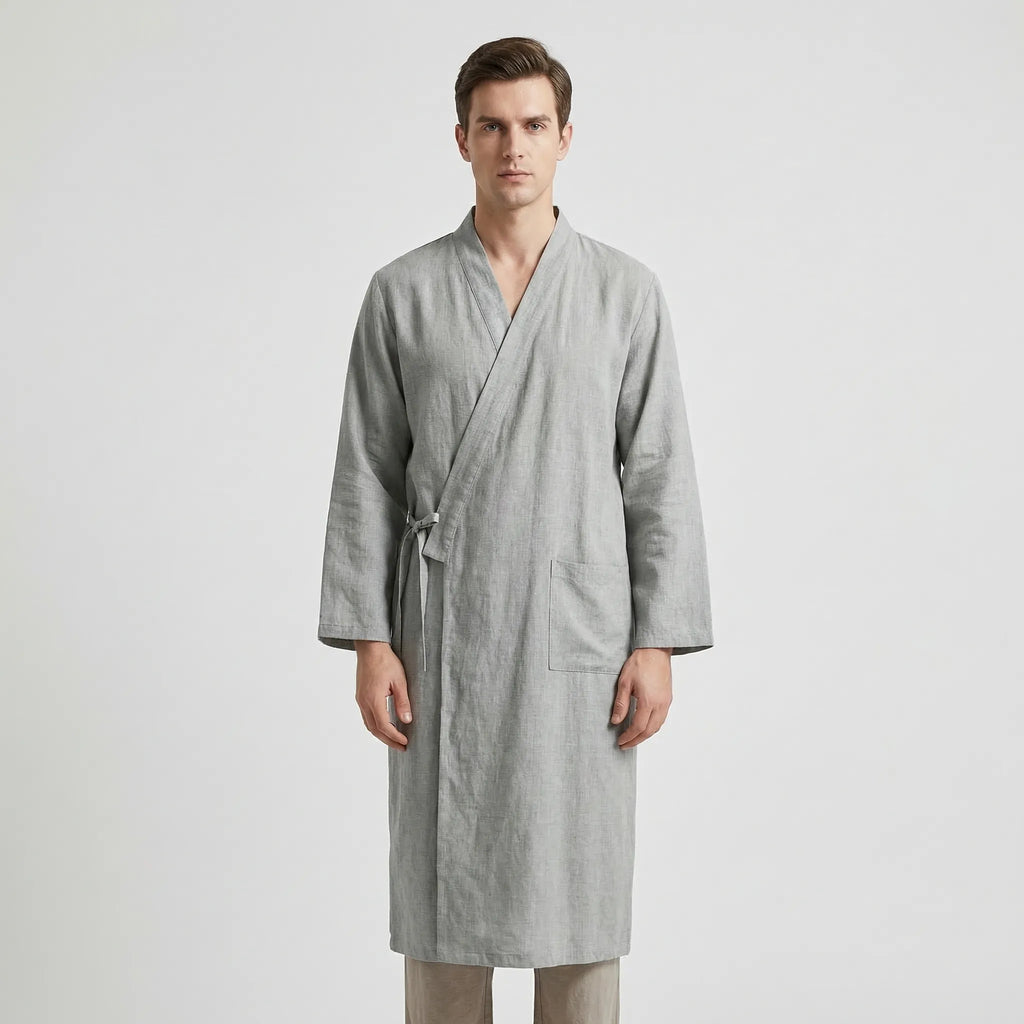 Męski szlafrok w stylu kimono, lekka oddychająca tkanina, regulowany pasek