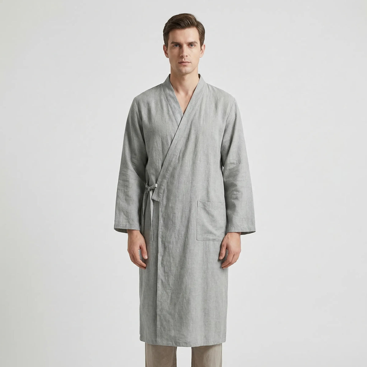 Męski szlafrok w stylu kimono, lekka oddychająca tkanina, regulowany pasek