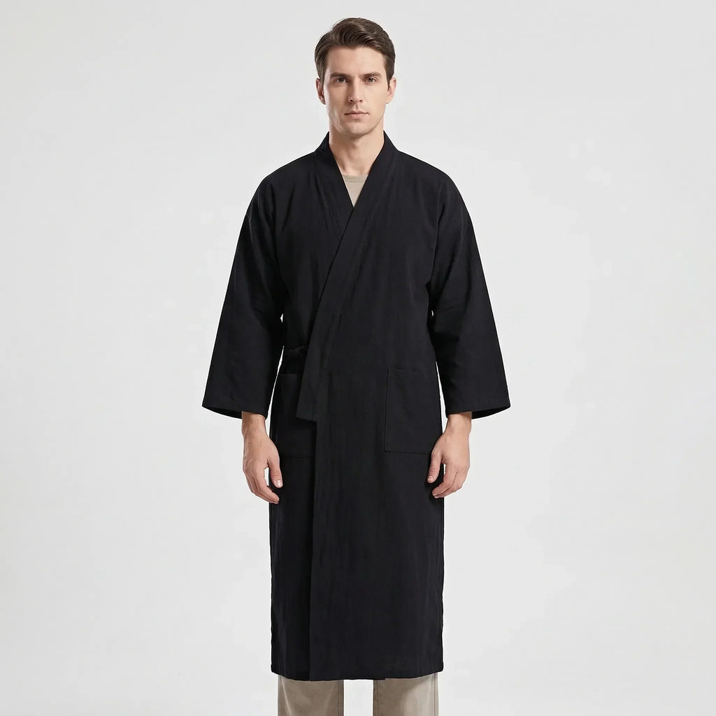 Męski szlafrok w stylu kimono, lekka oddychająca tkanina, regulowany pasek