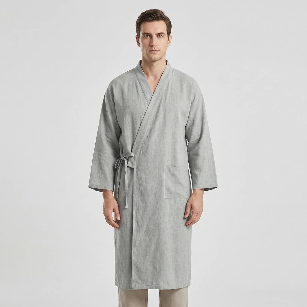 Męski szlafrok w stylu kimono, lekka oddychająca tkanina, regulowany pasek
