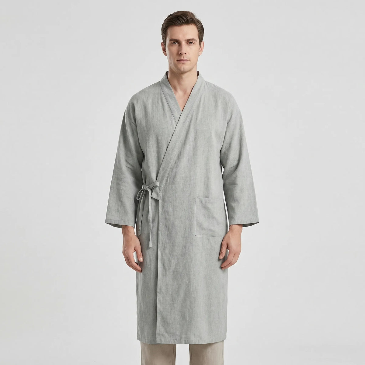 Męski szlafrok w stylu kimono, lekka oddychająca tkanina, regulowany pasek