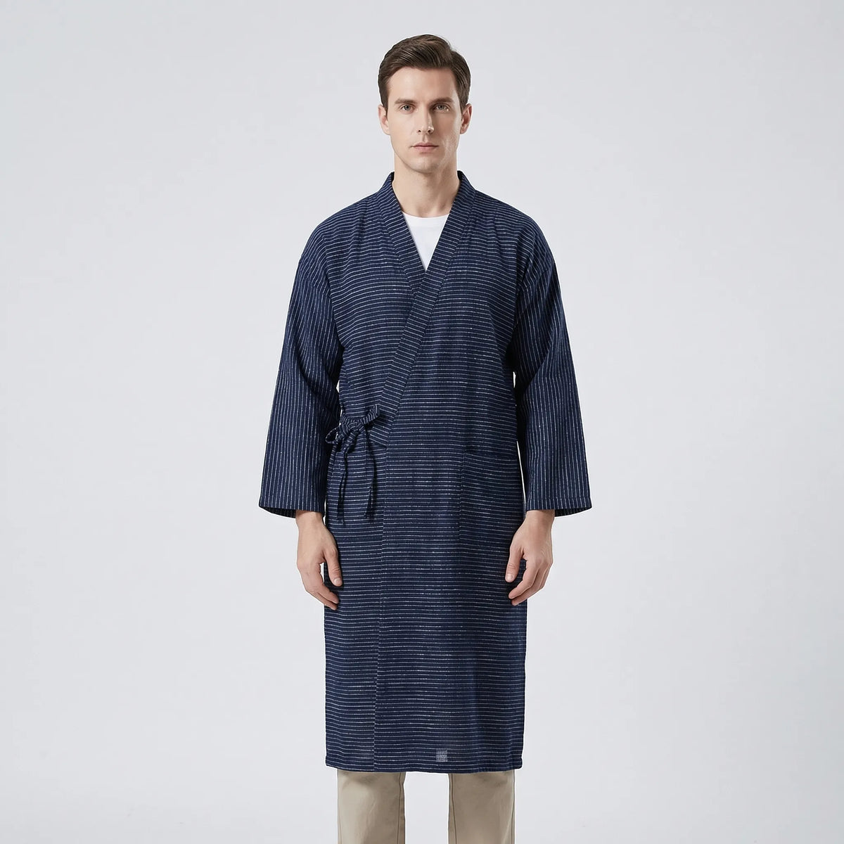 Męski szlafrok w stylu kimono, lekka oddychająca tkanina, regulowany pasek