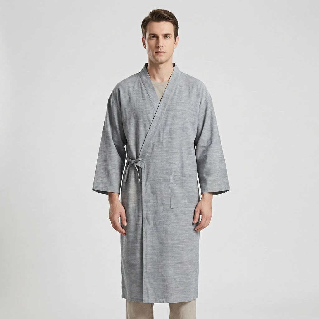 Męski szlafrok w stylu kimono, lekka oddychająca tkanina, regulowany pasek